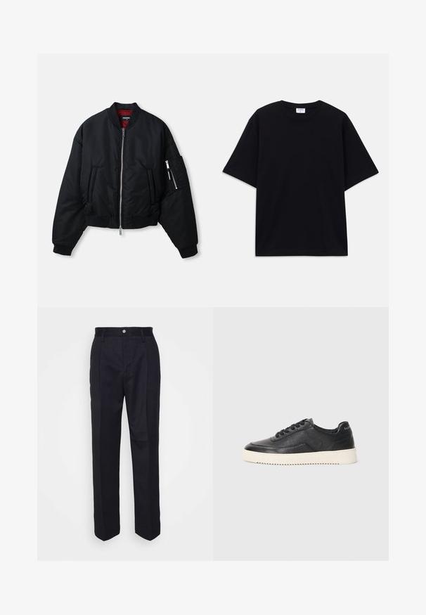 Veste bomber noire avec fermeture éclair avant argentée, deux poches latérales, poche zippée sur la manche, poignets côtelés et doublure intérieure rouge.; T-shirt noir à manches courtes oversize avec un col rond et une étiquette de marque Filippa K visible à l'intérieur du col.; Pantalons noirs ajustés avec une coupe droite, en tissu lisse, dotés d'une fermeture à bouton sur le devant et de deux poches latérales.; Baskets en cuir noir avec finition texturée, bout rond et semelle plate en caoutchouc blanc. Présentent des lacets noirs et un logo sur le talon.