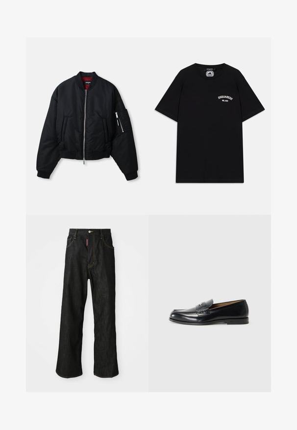 Črna bomberska jakna s srebrnim sprednjim zadrgo, dvema stranskima žepoma, žepom na rokavu z zadrgo, rebrastimi manšetami in rdečim notranjim oblogo.; Črna bombažna majica s kratkimi rokavi, s belim logotipom "DSQUARED2 MILANO" na prsih. Oblika s krožnim ovratnikom, gladka tekstura.; Črne ravne hlače z rumenim šivom, pet žepov, gumbno zapiranje in majhna rdeča oznaka na sprednjem desnem žepu.; Usnjeni loafers v črni barvi s gladko površino, okroglo konico, dekorativnim šivanjem in majhnim kovinskim dodatkom spredaj.