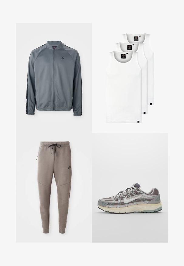 Sivá športová bunda na zips s čiernymi bočnými pruhmi a malým čiernym logom Jumpman na ľavej hrudi.; Tri biele rebrované tielka vyrobené z bavlny. Majú okrúhly výstrih a malé čierne štítky pri leme. Dostupné v rôznych veľkostiach.; Sivé tepláky Nike s nastaviteľným pásom, zúženými nohavicami, bočnými vreckami a výrazným švom. Mäkká, textúrovaná látka.; Šedá športová obuv so zvrškom z nylonu a semišu, bielymi akcentmi, polstrovanou podrážkou a jedinečným dizajnom s reflexnými prvkami.