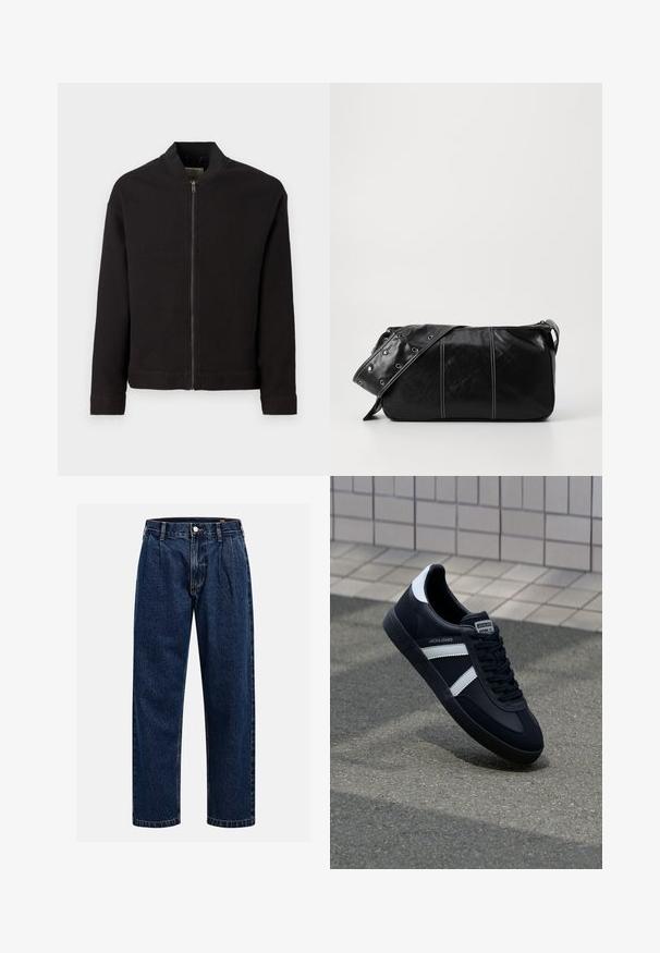 Mustassa bombereissa on teksturoitu, ribaatu muotoilu. Siinä on etuvetoketju, pystykotka ja pitkät hihat joustavilla cuffeilla.; Kerman puuvillane T-särk lühikeste varrukatega ja ümmarguse kaelusega. Omab sinist ja punast graafilist trükist tekstiga ja motiiviga.; Tummansininen farkkushortsit suoralla lahkeella. Ominaisuuksiin kuuluvat näkyvät saumat, napitus ja etulaskokset lisäyksinä.; Mustat nahkakengät valkoisilla raidoilla, teksturoitu kumipohja ja nauha edessä. Varustettu merkkitarralla kielen päällä.; Mustakulmainen nahkainen olkalaukku, jossa on vetoketjukiinnitys, teksturoitu pinta, valkoiset ompeleet ja hihna, jossa on hopeiset niitit.