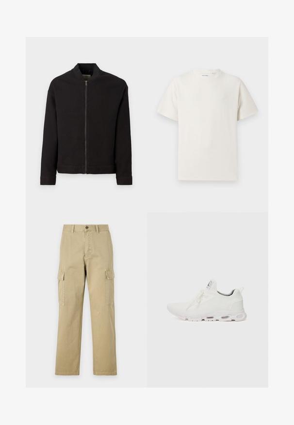 Fekete bomber dzseki textúrált, bordázott mintázattal. Elülső cipzárral, álló gallérral és hosszú ujjal rendelkezik, amely elasztikus mandzsettával záródik.; Fehér, rövid ujjú póló bordázott textúrával. Kerek nyakkivágás, laza szabás, nincs látható minta vagy díszítés. Egyszerű és sokoldalú dizájn.; Beige vászon cargo nadrág, két oldalsó zsebbel, gombos záródással, egyenes lábakkal és enyhén texturált anyagból készült.; Fehér sportcipők, texturált kötött felsőrésszel, lapos fűzőkkel és párnázott talppal, amely látható légkamrákkal rendelkezik a megerősített kényelem érdekében.