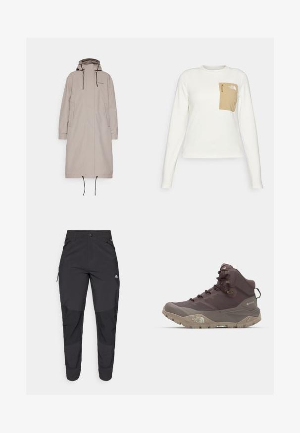 Beige dlouhý kabát s kapucí, elastickými manžetami a stahovacími okraji. Má dvě boční kapsy a minimální branding na hrudi. Měkká textura.; Bílá košile s dlouhým rukávem vyrobená z texturované látky, s béžovou náprsní kapsou, která má šňůrku a logo.; Černé venkovní kalhoty vyrobené z odolné tkaniny. Mají zipové kapsy, zesílené kolenní panely a rovný střih pro větší pohyblivost.; The North Face OFFTRAIL MID GORE TEX - Trekingové boty - tawny quartz/mocha brown