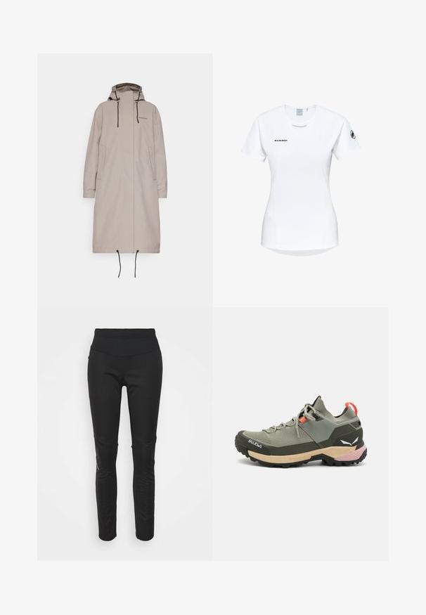 Beige langer Mantel mit Kapuze, elastischen Bündchen und Kordelzugsaum. Verfügt über zwei Seitentaschen und eine minimale Markenkennzeichnung auf der Brust. Weicher Stoff.; Kurzärmliges weißes Sportshirt mit Rundhalsausschnitt, das ein Logo auf der Brust und eine glatte, leichte Stofftextur aufweist.; Schwarze Sportleggings mit hohem Bund, glatter Textur, Logodetail und seitlichen Paneelen für zusätzlichen visuellen Reiz.; Leichter grüner Wanderschuh aus Mesh und Gummi, mit schwarzem Profilsohle, rosa und orangefarbenen Akzenten sowie verstärkter Zehenkappe.
