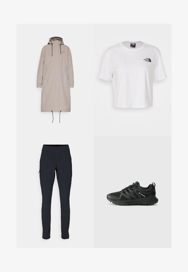 Abrigo largo beige con capucha, puños elásticos y dobladillo ajustable. Presenta dos bolsillos laterales y una marca mínima en el pecho. Textura suave.; Camiseta recortada blanca de algodón con cuello redondo y mangas cortas. Presenta un logo negro en el lado izquierdo del pecho.; Pantalones deportivos negros de corte ajustado, con cintura elástica y un bolsillo lateral con cremallera. Tejido suave y elástico con mínimas costuras.; Columbia PEAKFREAK - Zapatillas de senderismo - black