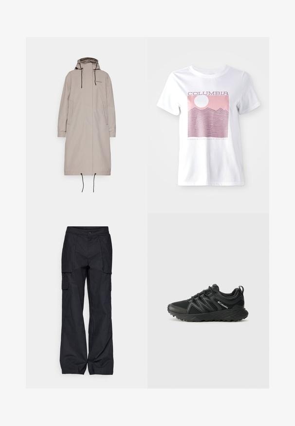 Beige lang frakk med hætte, elastiske manchetter og snoretræk i kanten. Har to sidelommer og minimal branding på brystet. Blød tekstur.; Hvid bomulds T-shirt med en pink bjerggrafik, en sol og teksten "COLUMBIA" samt "ALWAYS OUTSIDE | PACIFIC NORTHWEST."; Columbia BREA FALLS™ COTTON RIPSTOP PANT - Outdoorbukser - black; Columbia PEAKFREAK - Hikingsko - black
