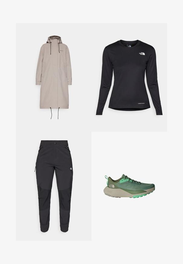 Bež dugi kaput s kapuljačom, elastičnim manžetama i vezicom na rubu. Ima dva bočna džepa i minimalno brendiranje na prsima. Mekana tekstura.; The North Face SHADOW LONG SLEEVE - Top dugih rukava - black; Crne vanjske hlače izrađene od izdržljivog materijala. Imaju džepove sa zatvaračem, ojačane paneli na koljenima i ravni kroj za slobodu pokreta.; Zelena trkačka cipela s mrežastim gornjim dijelom, kontrastnim naglascima i teksturiranim đonom. Ima podstavljeni srednji potplat i ojačan petni dio za stabilnost.