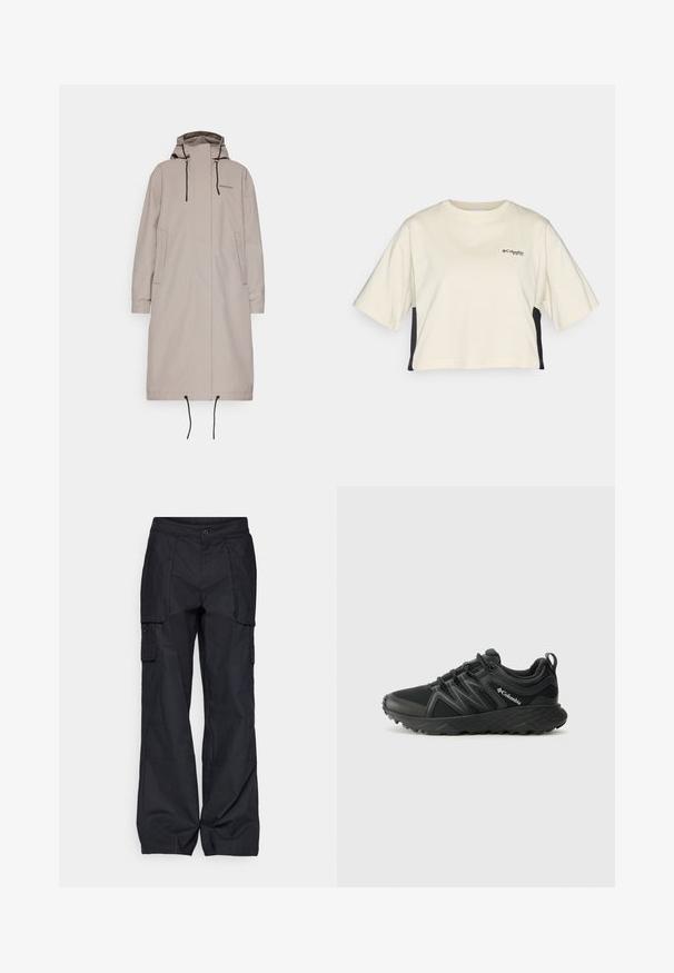 Beige lang frakk med hætte, elastiske manchetter og snoretræk i kanten. Har to sidelommer og minimal branding på brystet. Blød tekstur.; Cremefarvet cropped t-shirt med rund hals, korte ærmer og sorte sidepaneler; har et lille sort logo på brystet.; Columbia BREA FALLS™ COTTON RIPSTOP PANT - Outdoorbukser - black; Columbia PEAKFREAK - Hikingsko - black