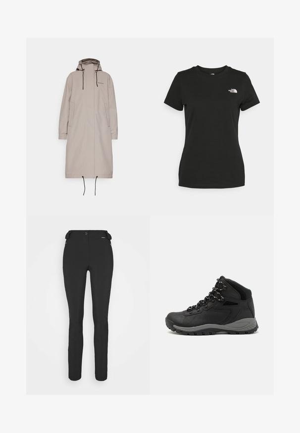 Beige lang frakk med hætte, elastiske manchetter og snoretræk i kanten. Har to sidelommer og minimal branding på brystet. Blød tekstur.; Sort bomulds T-shirt med rund halsudskæring og korte ærmer. Bemærkelsesværdig hvid logo på øverste venstre side. Glat tekstur, afslappet pasform.; Sorte, tætsiddende bukser lavet af et fleksibelt materiale. Funktioner inkluderer en lynlåslomme i siden, artikulerede knæ og en glat tekstur.; Sort vandrestøvle med en mellem-højde design, der har en tekstureret overdel, grå detaljer og en holdbar gummisål med skridsikre klodser.