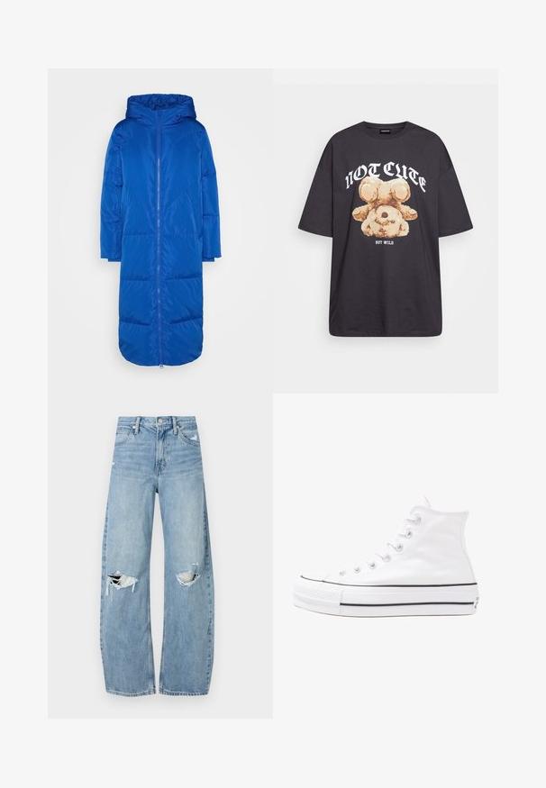 Długi niebieski płaszcz puchowy z kapturem, z przednim zamkiem błyskawicznym, pikowanym wzorem i bocznymi kieszeniami. Wykonany z gładkiego, refleksyjnego materiału.; Czarny, oversize t-shirt z grafiką niedźwiedzia i napisem „NIE UROCZY, ALE DZIKI” w grubej, białej czcionce. Materiał bawełniany.; Jasnoniebieskie, wysokiej talii dżinsy wykonane z denimu. Posiadają szerokie nogawki, dwa podarte miejsca na kolanach oraz klasyczne pięć kieszeni.; Białe wysokie trampki z płótna z czarną gumową podeszwą, przednim czubkiem z gumy i sześcioma dziurkami na sznurowadła, charakteryzujące się prostym, minimalistycznym designem.