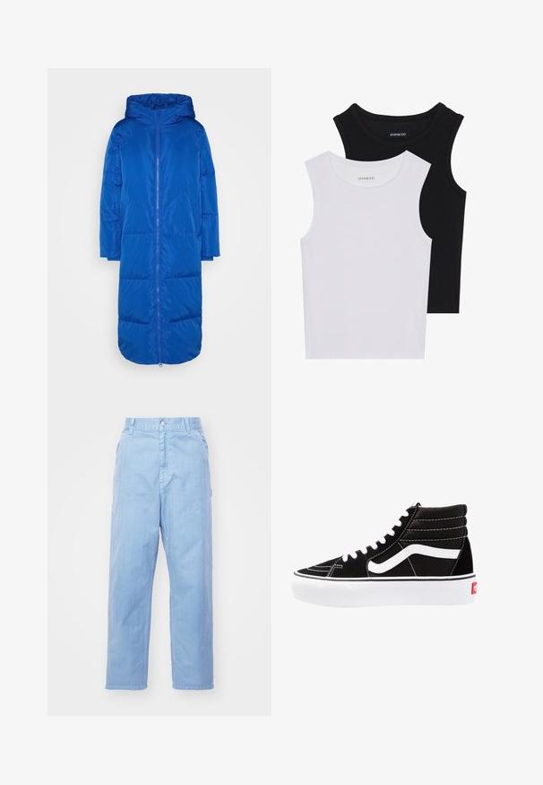 Lang, blå dunjakke med hætte, der har en frontlynlås, quiltet design og sidelommer. Fremstillet af glat, reflekterende materiale.; To stribede toppe i sort og hvid, lavet af ribbet bomuld, med runde halsudskæringer og en tætsiddende pasform. Etiketter synlige på begge.; Lyseblå denimbukser med lige ben-design, knaplukning og forlommer. Stof har en subtil tekstur med en glat finish.; Sorte høj-top sneakers med hvide snørebånd, et hvidt logo og kontrasterende hvid syning. Har en tyk hvid sål og struktureret ruskindsoverdel.