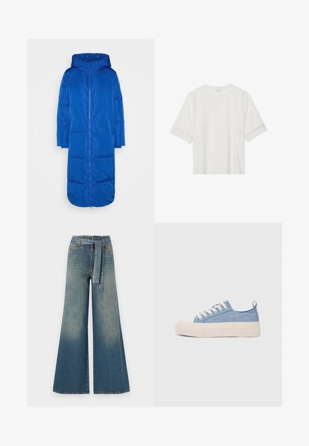 Garšs zils pūkains mētelis ar kapuci, ar priekšējo rāvējslēdzēju, izšūtu dizainu un sānu kabatām. Izgatavots no gludas, atstarojošas auduma.; Balta īsām piedurknēm T-kreklu, izgatavotu no kokvilnas, ar dekoratīvu mežģīņu apdari ap piedurknēm un apaļu kakla izgriezumu.; Platām kājām džinsu bikses ar gaismas līdz tumši zilam gradientam, augstu jostas līniju, jostas cilpām un atbilstošu auduma jostu. Tekstūrēts džinsas apdare.; Gaiši zili kanvas sneakeri ar krēmkrāsas gumijas pirksta aizsargu un ārējo zoli, aprīkoti ar baltām šņorēm un cilpu uz papēža.