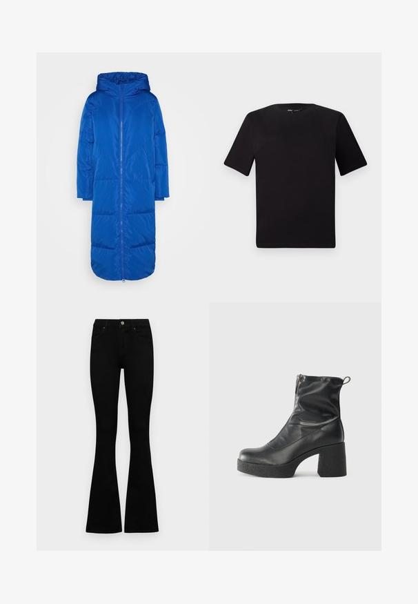 Ilgas mėlynas pūkuotas paltas su kapišonu, su priekiniu užtrauktuku, siuvinėtu dizainu ir šoninėmis kišenėmis. Pagamintas iš lygaus, atspindinčio audinio.; Juodas trumpas rankovės marškinėlis su apvaliu iškirpimu, pagamintas iš minkštos medvilnės medžiagos. Paprastas dizainas, be matomų logotipų ar raštų.; Juodos aukšto liemens džinsai su mygtuku ir užtrauktuku, priekinėmis kišenėmis ir platėjančiomis kojomis, išdėstyti ant baltos fono.; Juodos kulkšninių botai, pagaminti iš lygaus odos, su šoniniu užtrauktuku, masyviu tekstūruotu kulnu ir apvaliu pirštu.