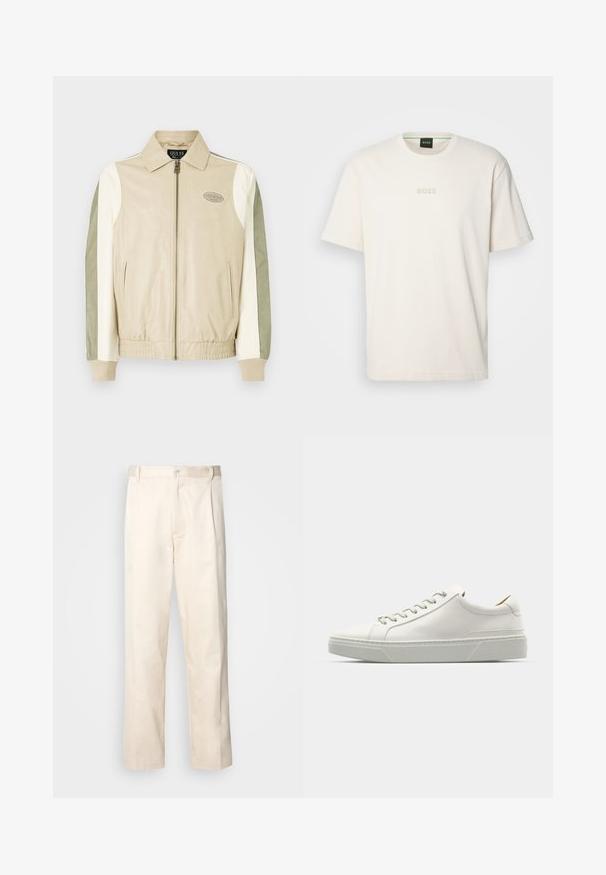 Béžová a olivovo zelená kožená bomber bunda s predným zipsom, rebrovanými manžetami, nášivkou a kontrastnými rukávmi v krémových a zelených odtieňoch.; BOSS TEE - Základné tričko - open white; Béžové bavlnené nohavice so strihom rovného nohu, s gombíkovým zapínaním a záhybmi vpredu pre pridanie detailu.; Biele kožené tenisky s okrúhlou špičkou, minimalistickým dizajnom, šedými šnúrkami a štruktúrovanou šedou gumovou podrážkou. Viditeľné jemné švy.