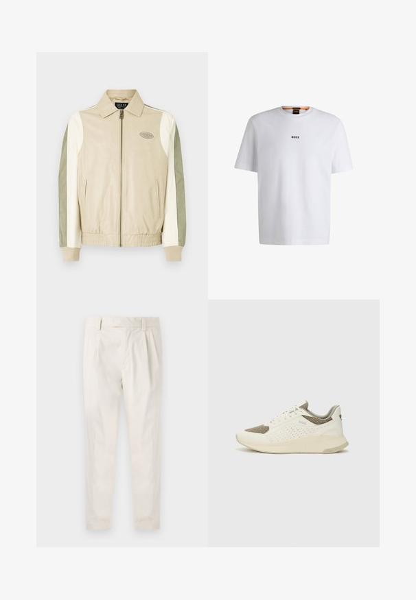 Beige og olivengrøn læder bomberjakke med lynlås foran, ribbede manchetter, patch-logo og kontrasterende ærmer i cremede og grønne nuancer.; Hvid bomuld T-shirt med korte ærmer, med et sort "BOSS" logo centreret på brystet og en rund halsudskæring.; Hvide, plisserede bukser med en skræddersyet pasform, der har en glat overflade, bæltestropper og smalnede ben. Ingen synlige lommer eller mønstre.; Hvide og lyse beige sportssko med en mesh-overdel, perforerede detaljer og en tekstureret mellemsål med branding på hælen.