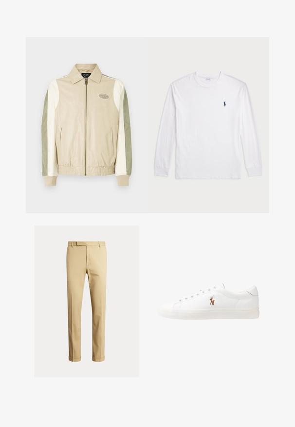 Béžová a olivově zelená kožená bomber bunda se zipem vpředu, žebrovanými manžetami, nášivkovým logem a kontrastními rukávy v krémových a zelených odstínech.; Bílé tričko s dlouhým rukávem vyrobené z bavlny. Má kulatý výstřih, žebrované manžety a malé námořnické modré logo polo na levé hrudi.; Khaki chinos vyrobené z hladké bavlněné tkaniny, s přiléhavým střihem, předními puky a náplety na kotnících pro zúžený vzhled.; Bílé kožené tenisky, nízký střih, s hladkým povrchem, kulatou špičkou, šněrováním v přední části a malým vyšitým logem na boku.