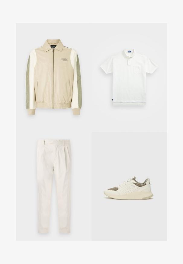 Bežinė ir alyvuogių žalios odos bomberio striukė su užtrauktuku priekyje, gumeruotais rankogaliais, logotipo pleistru ir kontrastingomis rankovėmis kreminėse ir žaliuose atspalviuose.; Balta polo marškiniai pagaminti iš medvilnės, su klasikiniais kraštais, trijų mygtukų sprandeliu ir kairiuoju krūtinės kišeniu; mažas logotipas apačioje.; Balti, susiūtos kelnes, turinčios pritaikytą siluetą, pasižyminčias lygia tekstūra, dirželio kilpomis ir siaurėjančiomis kojomis. Nėra matomų kišenių ar raštų.; Baltas ir šviesiai bežinis sportinis kedas, su tinklo viršumi, perforuotais detalėmis ir tekstūruotu tarpine su logotipu ant kulno.