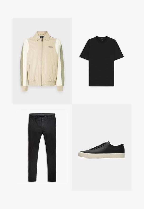 Beige og olivengrøn læder bomberjakke med lynlås foran, ribbede manchetter, patch-logo og kontrasterende ærmer i cremede og grønne nuancer.; Sort kortærmet T-shirt lavet af en glat bomuldsblanding, med en rund halsudskæring og et minimalistisk design uden mønstre eller accenter.; Sorte bomulds-chinos med tapered fit, der har fem lommer, bæltestropper og en glat texure. Lynlås med knaplukning.; Lave sorte lædersneaker med sorte snøre og off-white gummisål, sideprofil der viser subtil "BOSS" branding.