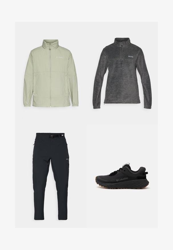 Chaqueta de cremallera verde clara con cuello alto, puños elásticos y acento de logo. Confeccionada con una tela suave y ligera, presenta un corte holgado.; Sudadera de forro polar gris con cuello alto, cremallera delantera a medio camino y mangas largas; cuenta con un pequeño logo en el pecho y textura suave.; Columbia ESSENTIAL HIKE™ PANT - Pantalones montañeros largos - black; Zapatilla deportiva Columbia negra con una superficie texturizada, collar acolchado y suela de goma con un patrón distintivo para mayor tracción.