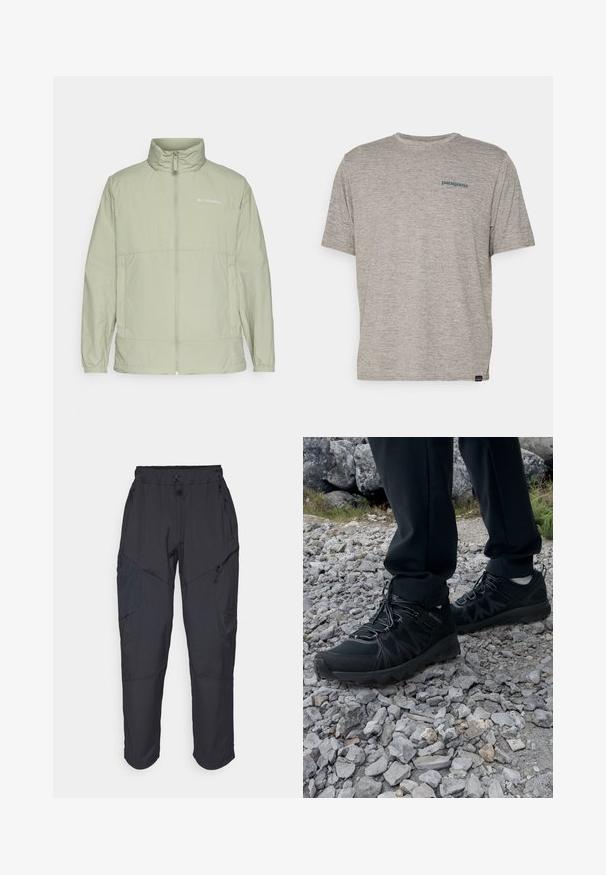 Giacca a zip verde chiaro con colletto rialzato, polsini elasticizzati e accento del logo. Caratterizzata da un tessuto liscio e leggero e da una vestibilità comoda.; T-shirt grigio a maniche corte realizzato in un morbido tessuto di texture, con un piccolo logo blu di Patagonia sul lato sinistro del petto. Senza ulteriori fantasie.; Pantaloni cargo neri realizzati in un materiale leggero e resistente all'acqua; presentano una vita elastica, diverse tasche con zip e gambe affusolate.; Scarpe da esterni nere realizzate in mesh e materiale sintetico, con una parte superiore testurizzata, un sistema di allacciatura sicuro e una suola robusta, su terreno roccioso.