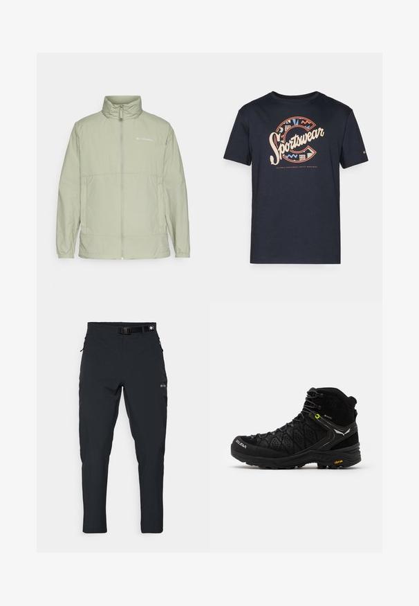 Vihreä vetoketjullinen takki, jossa on seisomakaulus, elastiset hihansuut ja logokuva. Takki on valmistettu sileästä ja kevyestä kankaasta sekä on rento malli.; T-paita tummansinisestä puuvillasta, jossa on suuri, värikäs "Sportswear" -kuva graafisilla kuvioilla ja kirjain "C" edessä.; Columbia ESSENTIAL HIKE™ PANT - Ulkohousut - black; Musta vaelluskenkä, jossa on teksturoitu päällyskangas, vahvistettu varvas ja Vibram-pohja. Kiristysjärjestelmässä on koukkuja, jotka takaavat turvallisen istuvuuden.