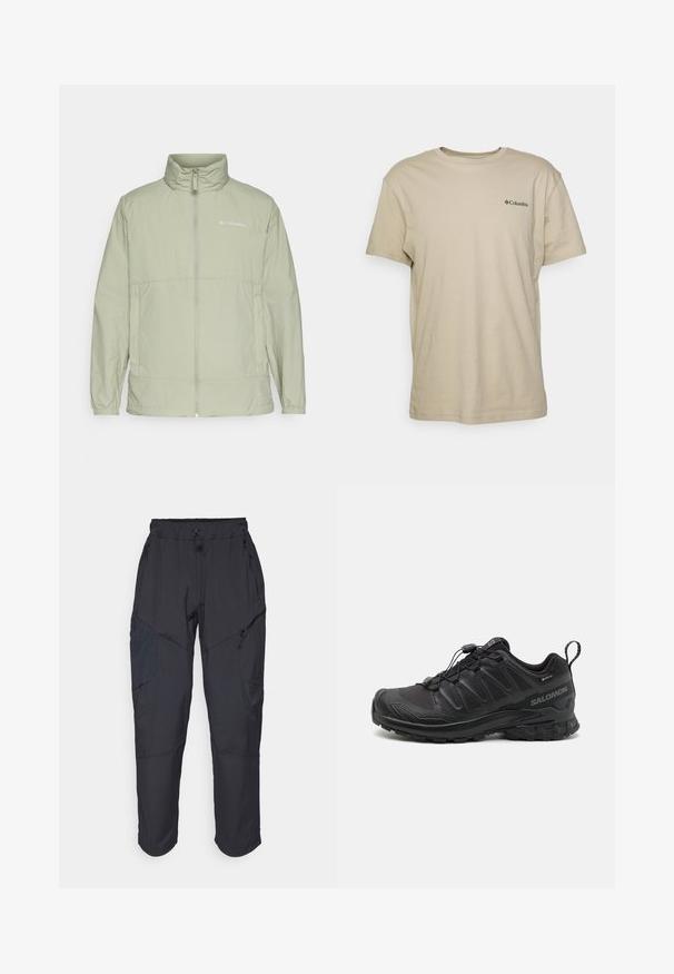 Világoszöld, cipzáros dzseki álló gallérral, elasztikus mandzsettákkal és logóval díszítve. Zökkenőmentes, könnyű anyagból készült, laza fazonú.; Beige pamut póló rövid ujjakra, kerek nyakkivágással, és egy kis fekete logóval a bal mellrészen. Simább textúra, laza dizájn.; Fekete cargo nadrág, könnyű, vízálló anyagból; rugalmas derékrésszel, több cipzáras zsebbel és szűkített lábszárral rendelkezik.; Fekete sportcipő, texturált szintetikus felsőrésszel, párnázott talppal és gyorsfűző rendszerrel. Erősített orral és sarokkal rendelkezik.