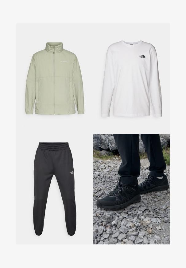 Light green zip-up jacket with a stand collar, elastic cuffs, and logo accent. Features a smooth, lightweight fabric and a relaxed fit.; White long-sleeve T-shirt made of cotton with a crew neck. Features a small black logo on the chest. Smooth texture, regular fit.; Black sweatpants with a drawstring waist, tapered fit, elastic cuffs, and a small white logo on the left thigh, made from smooth fabric.; Black outdoor shoes with mesh and synthetic material, featuring a textured upper, secured lacing system, and a rugged outsole, on rocky terrain.