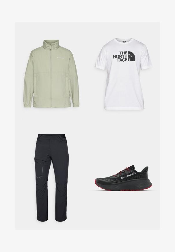 Veste zippée verte clair avec col montant, poignets élastiques et accent de logo. Fabriquée en tissu lisse et léger, elle offre une coupe décontractée.; T-shirt en coton blanc avec un imprimé graphique noir comprenant du texte et un design de logo courbé. Encolure ronde et manches courtes. Texture lisse.; Pantalon d'extérieur noir avec poche sur la cuisse zippée, taille élastique et tissu lisse, résistant à l'eau. Design épuré sans logos visibles.; Chaussure de sport noire avec tige texturée, lacets rouges et logo. Semelle épaisse avec motif de la semelle pour une meilleure adhérence. Design minimaliste, vue de côté.