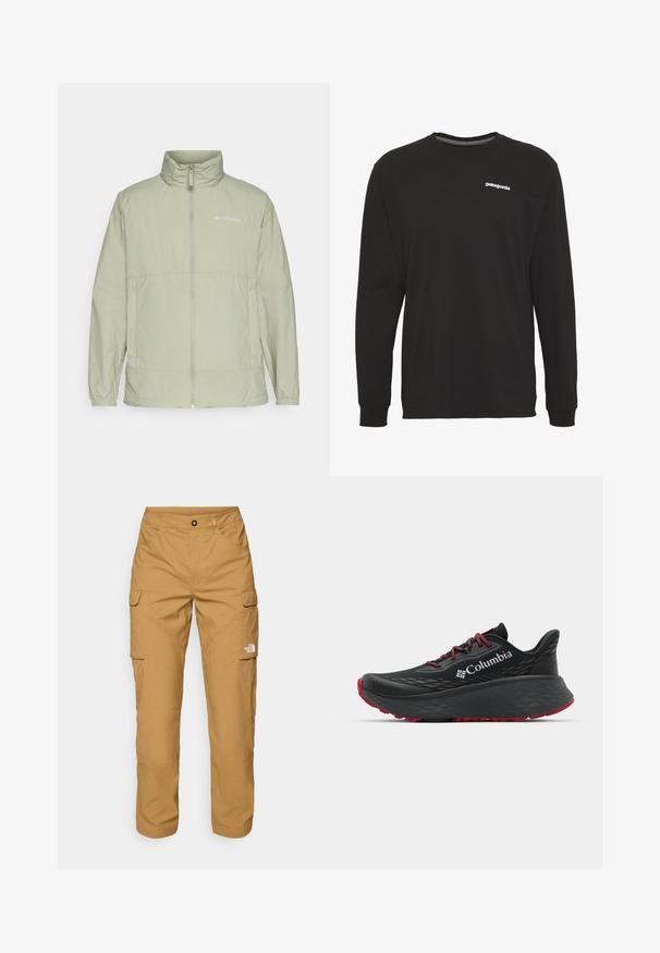 Heled roheline tõmblukuga jakk, millel on seisva kaelusega ja elastsed mansetid ning logo aktsent. Omab siledat, kerget kangast ja mugavat lõiget.; Must kollane pikkade varrukatega t-särk, mis on valmistatud puuvillast, ümmarguse kaelusega ja millel on rindkerel väike valge "patagonia" logo. Sile tekstuur.; The North Face EXPLORATION PANTS - Kargopüksid - utility brown; Mustan värvi spordijalats tekstuuriga pealisega, punaste paelte ja logoga. Paksem tallaga, millel on mustritooted kaheksast edasi liikumiseks. Minimalistlik disain, külgvaade.