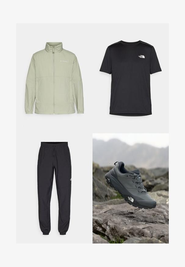 Veste zippée verte clair avec col montant, poignets élastiques et accent de logo. Fabriquée en tissu lisse et léger, elle offre une coupe décontractée.; T-shirt noir à manches courtes en tissu léger. Présente un petit logo blanc sur la poitrine gauche et des accents subtils aux épaules.; Pantalon de sport noir en tissu léger, avec une taille à cordon, des poches latérales et des chevilles resserrées.; Chaussure de trail running grise avec un dessus texturé, semelle en caoutchouc durable et chaussure renforcée à l'avant. Comprend des lacets et un logo de la marque sur le côté.