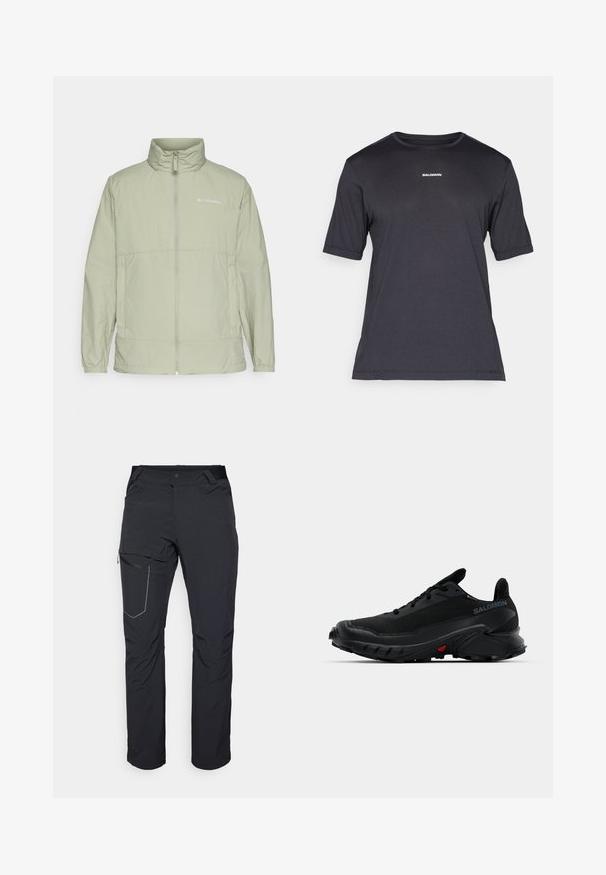 Light green zip-up jacket with a stand collar, elastic cuffs, and logo accent. Features a smooth, lightweight fabric and a relaxed fit.; Black short-sleeve performance t-shirt made of breathable fabric, featuring a crew neckline and small white "SALOMON" logo on the chest.; Black outdoor pants featuring a zippered thigh pocket, elastic waistband, and smooth, water-resistant fabric. Clean design with no visible logos.; Black athletic shoes with a textured upper, rounded toe, and prominent rubber outsole. Features a logo on the side and red detailing on the sole.