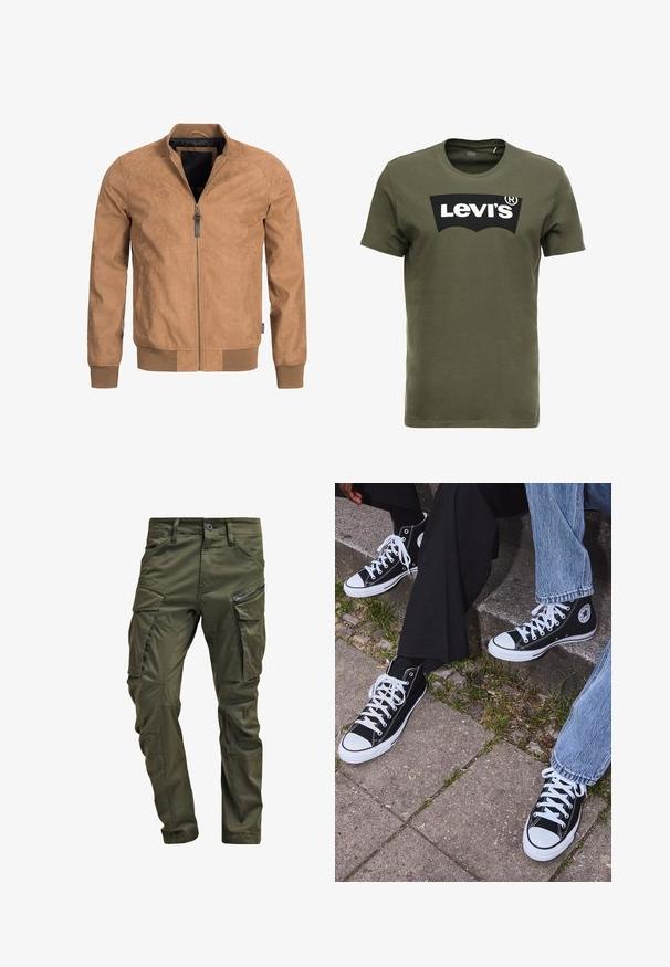 INDICODE JEANS WAYNE - Imitatieleren jas - brown; Olijfgroen katoenen T-shirt met een groot zwart Levi's-logo op de voorkant. Klassieke ronde hals en korte mouwen, gladde textuur.; Olijfgroene cargobroek gemaakt van stevig katoen. Beschikt over meerdere zakken, een met rits afgesloten zijzak en taps toelopende pijpen met een licht getextureerde afwerking.; Zwarte canvas sneakers met hoge schacht, witte rubberen zolen en veters, met een cirkelvormig logo aan de zijkant, gecombineerd met denim en zwarte broeken.