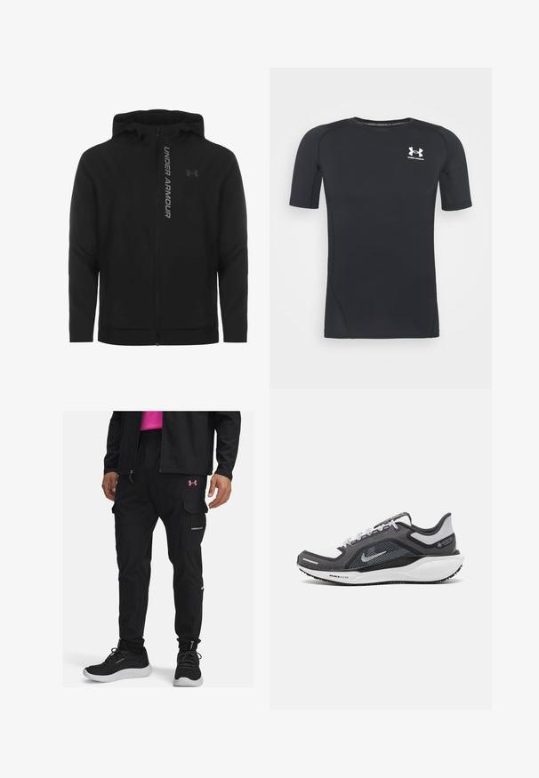 Čierna zipsová mikina s kapucňou vyrobená z jemného, ľahkého materiálu. Obsahuje reflexné logo "UNDER ARMOUR" a hladký povrch.; Čierne športové tričko s krátkym rukávom z látky, ktorá odvádza vlhkosť a je elastická. Má okrúhly výstrih a malú bielu nášivku na hrudi.; Čierne cargo nohavice s elastickými manžetami, viacerými vreckami a ružovým logom Under Armour na stehne. Nosia sa s čiernymi športovými topánkami.; Čierna a sivá športová obuv s vrchnou časťou z priedušného materiálu, reflexné akcenty a biely medzipodrážka. Obsahuje štruktúrovanú gumovú podrážku a šnúrky.