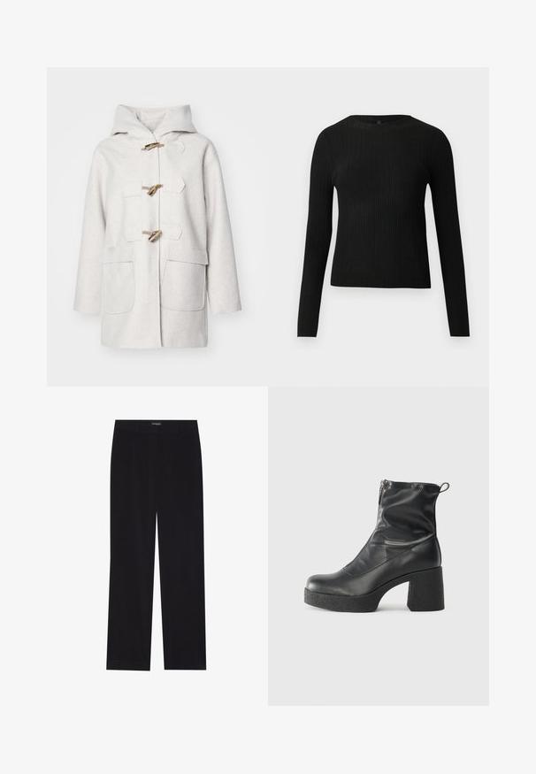 Heled hall villane segu, millel on kapuuts, puidust lukustamisnupud, kaks esikot ja sirge lõige. Pehme tekstuur.; Mustmustriibuline must pikavarsiline sobiv sviiter ümmarguse kaelusega, esitatud helehallil taustal.; Mustad sametpüksid sirge lõikega, lame vöökoht, ilma nähtavate taskuteta, sile tekstuur ja vertikaalne soonikute detail.; Mustad mustad ansapüksid, mis on valmistatud siledast nahast, külje zipperiga, paksu tekstuuriga kontsaga ja ümmarguse nina disainiga.