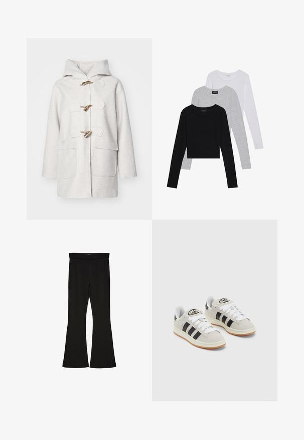 Cappotto in misto lana grigio chiaro con cappuccio, dotato di chiusure a toggle in legno, due tasche frontali e taglio dritto. Morbido al tatto.; Tre magliette a maniche lunghe impilate: nera, grigia e bianca. Ognuna ha un colletto rotondo e un design accorciato con tessuto morbido e leggero.; Leggings a zampa nera realizzati in un tessuto elasticizzato. Presentano una vita alta e una superficie liscia, con una silhouette aderente che si ampia all'orlo.; Sneakers in suede grigio con lacci bianchi, strisce nere e suola in gomma bianca. Presentano un logo circolare sulla linguetta e una suola in gomma.