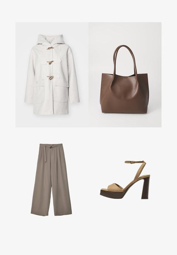 Hellegrauer Wollmischmantel mit Kapuze, mit Holzknopfverschlüssen, zwei Vorderaschen und geradem Schnitt. Weiche Textur.; Braunes, kurzärmliges T-Shirt aus weichem Material mit rundem Halsausschnitt und lockerer Passform. Keine sichtbaren Muster oder Akzente.; Weite Hose aus einem weichen, gedämpften grauen Stoff, mit einem taillierten Bund und Falten für zusätzliche Design-Details. Glatte Textur, keine Muster.; Beige Wildleder-Pumps mit hohem Absatz, breitem Vorderband und Knöchelriemen, ausgestattet mit einem klobigen Holzblockabsatz mit strukturiertem Finish.; Braune Leder-Tote mit zwei langen Tragriemen, strukturiertem Shape, glatter Textur und minimalistischem Design. Keine sichtbaren Beschläge oder Akzente.