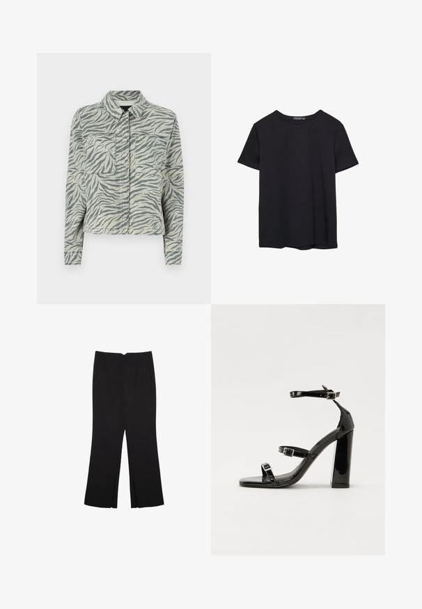 Cropped denim jacket with a gray and white zebra print, featuring a spread collar, two chest pockets, and long sleeves with buttoned cuffs.; Plain short-sleeve black cotton T-shirt with crew neck, displayed on a white background.; Black trousers with a straight fit, featuring front pockets and side slits at the hem. Made of soft, smooth fabric. Suitable for various occasions.; Black patent heeled sandals with a square toe, ankle straps, and silver buckles. Features a chunky block heel for stability.