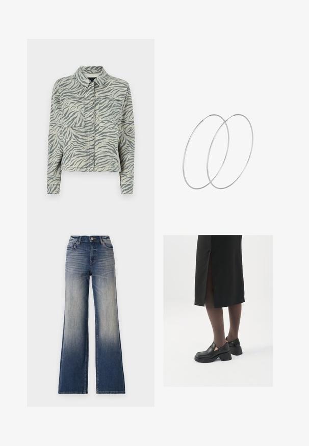 Įkirptas džinsinis švarkas su pilkai balta zebrų raštu, turintis atvirą apykaklę, dvi krūtinės kišenes ir ilgas rankoves su sagų rankogaliais.; Juodas bodis su ilgomis rankovėmis, turintis tinklinį V formos iškirpimą ir sutrauktą peties detalę. Lygus audinys su prigludusia forma.; Aukštai juosmenio plačios kojų džinsai šviesiai mėlynos iki tamsiai mėlynos džinsinio audinio su nublukimu, su mygtukų užsegimu ir diržo kilpomis. Švarus apdaila ir jokių matomų dekoracijų.; Juodos odinės bateliai su apvaliu nosiu, stora blokine pakulne ir elastingais šonais, derinami su tamsiomis pėdkelnėmis ir juoda sijonu su plyšiu.; Sidabrinės pusmėnulio auskarai minimalistiniu dizainu. Apskritimo forma, lygus paviršius ir plonas profilis. Lengvi su poliruotu apdailu.