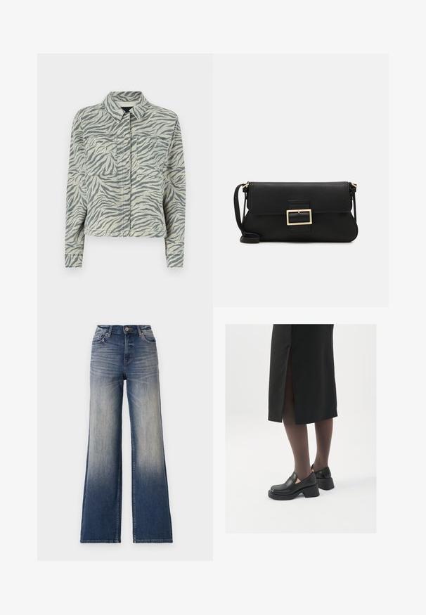 Izgriezts džinsu apmetnis ar pelēku un baltiem zebras rakstiem, ar izplatītu apkakli, divām krūšu kabatām un garām piedurknēm ar pogām uz aprocēm.; Balta bezpiedurkņu topiņš no ribotā auduma, ar noapaļotu kakla izgriezumu un pieguļošu siluetu, ar minimālām šuvēm un bez rotājumiem.; Augsta jostasvieta, plata kājeņu džinsi no gaiši līdz tumši zila džinsa ar izbalējumu, ar pogu aizdari un jostu cilpām. Tīrs apakšmala bez redzamām rotājumiem.; Melni ādas apavi ar noapaļotu purngalu, biezām bloku papēžiem un elastīgiem sānu akcentiem, apvienoti ar tumšām zeķubiksēm un melnu svārku ar šķirbu.; Melnas ādas saķeres soma ar atloku un zelta metāla sprādzi. Ietver melnu siksnu un elegantu, minimālistisku dizainu.