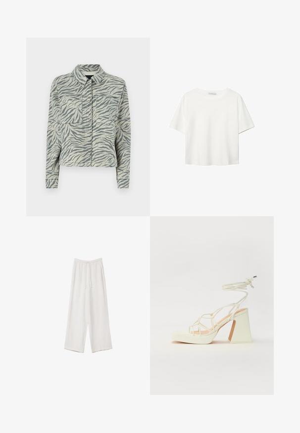 Korte spijkerjacket met een grijs-wit zebra-print, voorzien van een opstaande kraag, twee borstzakken en lange mouwen met knoopsluitingen.; Witte korte mouwen t-shirt van katoen. Heeft een ronde halslijn en een ontspannen pasvorm. Glad textuur zonder zichtbare patronen of accenten.; Witte wijde broek gemaakt van een lichte stof. Voorzien van een elastische tailleband met een trekkoord en zijzakken. Zachte textuur.; Witte hoge hakken sandaal met een chunky hak, met een bandjesontwerp en enkelband. Gladde textuur met een plateau voor extra hoogte.