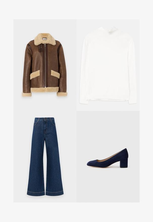 Paul & Joe MANTEAU - Odinis švarkas - marron; Baltas ilgų rankovių viršus su aukštu kaklu, raižyta tekstūra ir tiesiu siluetu. Audinys atrodo švelnus ir lygus, be matomų raštų.; Plati mėlynos džinsinės kelnės su aukštu liemeniu, turinčios mygtukų užsegimą, diržo kilpas ir subtilius siuvinėjimo akcentus ant kišenių bei apdailos.; Tamsiai mėlynos zomšos bateliai su smailiu nykščiu ir vidutinio aukščio blokiniu kulnu. Lygi tekstūra su subtiliu blizgesiu ir mažas įpjovimas priekyje.