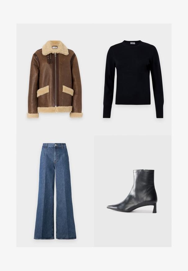 Paul & Joe MANTEAU - Leather jacket - marron; Black knit sweater with a crew neck and long sleeves. Features a smooth texture and ribbed cuffs, offering a classic fit and design.; Wide-leg blue denim jeans with a high waist, featuring classic five-pocket styling and a button closure, made from textured cotton fabric.; Black leather ankle boot with a pointed toe and a sleek design. Features a low heel and a zipper closure at the back. Smooth texture.