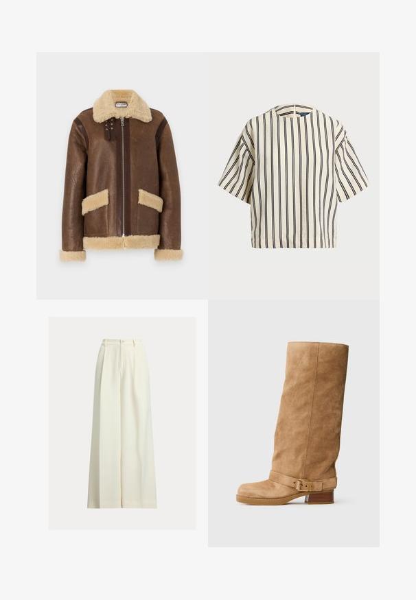 Paul & Joe MANTEAU - Usnjena jakna - marron; Kratek rokav, prugast top v kremni in mornarsko modri barvi, z okroglim izrezom in kvadratnim dizajnom ter teksturirano tkanino.; Krem široke hlače iz gladkega blaga, z visokim pasom, dvema sprednjima naborkoma in zapiranjem na en gumb.; Brahkaste rjave suknje srednje visine z nizkim utezima, okruglog vrha i podesivim remenom sa zlatnom kopčom oko članaka.