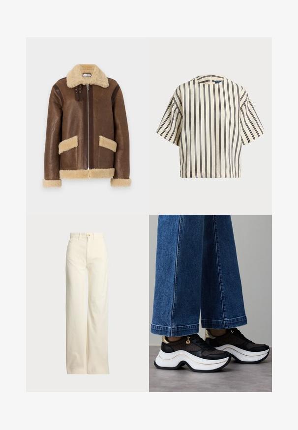 Paul & Joe MANTEAU - Casaco de couro - marron; Top de manga curta, riscado em creme e azul marinho, com decote redondo e design boxy em tecido texturizado.; Polo Ralph Lauren COTTON CORDUROY WIDE-LEG PANT - Calças - warm white; Ténis pretos e dourados com sola branca curva. Tecido texturizado com detalhes do logótipo. Combinados com calças largas de ganga azul.