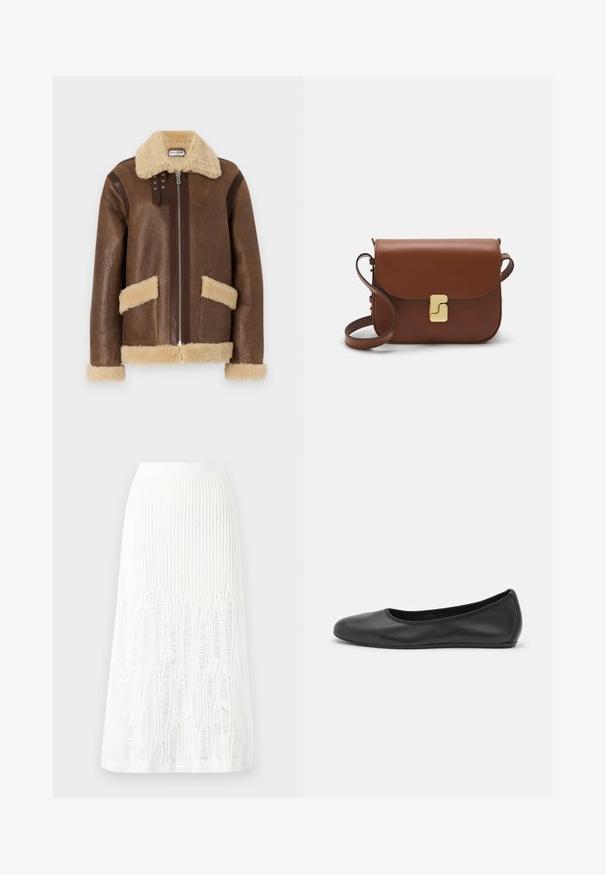 Paul & Joe MANTEAU - Leather jacket - marron; Long-sleeve white T-shirt made of ribbed cotton, featuring a round neckline and a straight hem. Simple design with no patterns or accents.; Knit white midi skirt featuring a textured pattern with vertical lines and cut-out details near the hem. Elastic waistband. Soft material.; Black leather ballet flat with a rounded toe, smooth texture, minimal stitching detail, and a flexible sole design.; Brown leather handbag with a flap closure, gold-tone hardware, a shoulder strap, and a smooth texture. Compact rectangular shape.