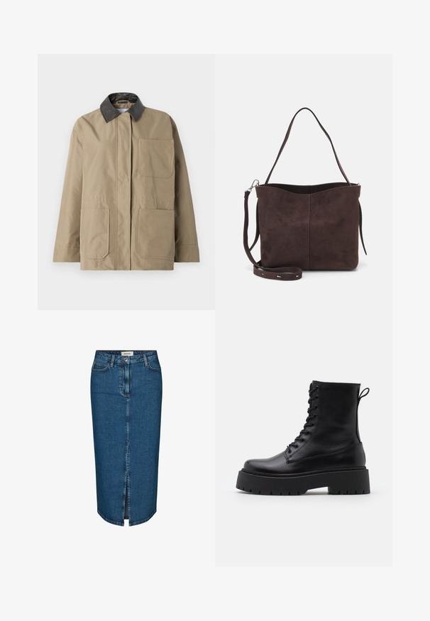 Kaki jaka ar melnu ādas apkakli, priekšējā pogu aizdare un divi lielie priekšējie kabatas. Gluda auduma ar nedaudz par lielu piegriezumu.; Balta pogām piegriezta krekls, izgatavots no kokvilnas. Iezīmēts ar apkakles izgriezumu, garām piedurknēm un brīvu piegriezumu. Gluda tekstūra bez redzamām rakstu izsistēm.; Tumši zila denima zīda svārki ar priekšējo izgriezumu, piecām kabatām un kontrastējošām šuvēm. Vidēja augstuma jostasvieta ar klasisku dizainu.; Melni ādas potītēm zābaki ar apļveida purngalu, auklām priekšpusē un biezu gumijas zoli ar teksturētu protektoru. Velkšanas cilpa aizmugurē.; Brūns zamšādas roku soma ar mīkstu tekstūru, aprīkota ar vienu plecu siksnu un nelielu izliekta augšējā atvēruma dizainu. Nav redzamu metāla detaļu.