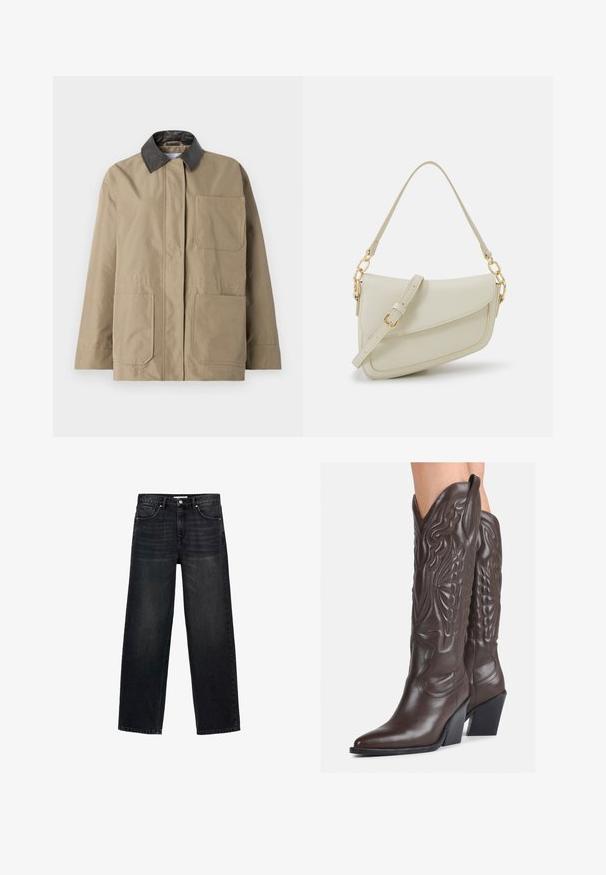 Khaki jacket with a black leather collar, front button closure, and two large front pockets. Smooth fabric with a slightly oversized fit.; White sleeveless tank top made of ribbed fabric, featuring a rounded neckline and a fitted silhouette, with minimal seams and no embellishments.; Black wide-leg jeans made of denim. Featuring five pockets, a zip fly with a button closure, and subtle fading on the front.; Brown leather cowboy boots with pointed toe and block heel, featuring detailed stitching and raised accents on the shaft.; Small cream handbag with a textured finish, a long adjustable strap, a chain accent, and a flap closure. Gold hardware detailing.