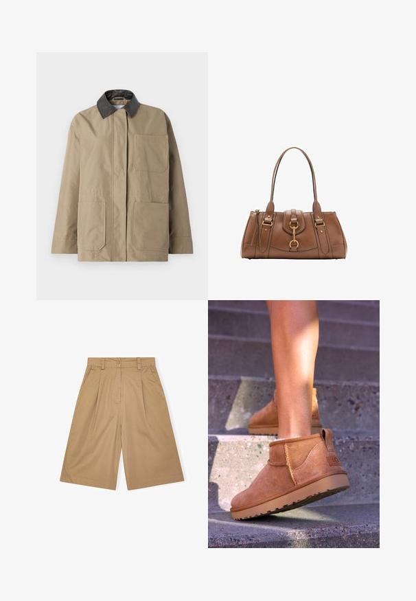 Giacca color khaki con colletto in pelle nera, chiusura frontale con bottoni e due grandi tasche anteriori. Tessuto morbido con vestibilità leggermente oversize.; Top bianco a maniche corte con vestibilità comoda, caratterizzato da un design arricciato in vita e una texture di tessuto liscia. Etichetta: Anna Field.; Shorts in cotone beige con vestibilità rilassata, dotati di pieghe, chiusura con bottone e tasche laterali. Tessuto liscio e design alla lunghezza del ginocchio.; Stivali alla caviglia in suede beige con una consistenza morbida, dettagli cuciti e suola in gomma, dotati di un tacco ad anello per una facile vestibilità.; Borsa a mano in pelle marrone con doppi manici, accenti in metallo dorato e design strutturato. Presenta una patta centrale con un dettaglio ad anello.