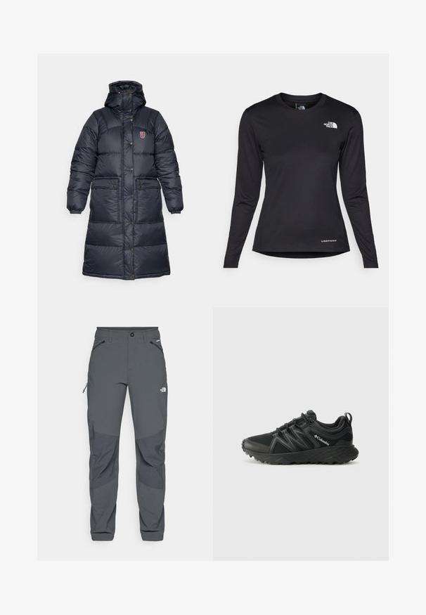 Fjällräven EXPEDITION LONG DOWN PARKA W - Donsjas - black; The North Face SHADOW LONG SLEEVE - Longsleeve - black; Donkergrijze buitenbroek met versterkte kniezakken, met rits gesloten zij- en voorkruiken, knoopsluiting en het logo van The North Face op de dij.; Columbia PEAKFREAK - Outdoorschoenen - black