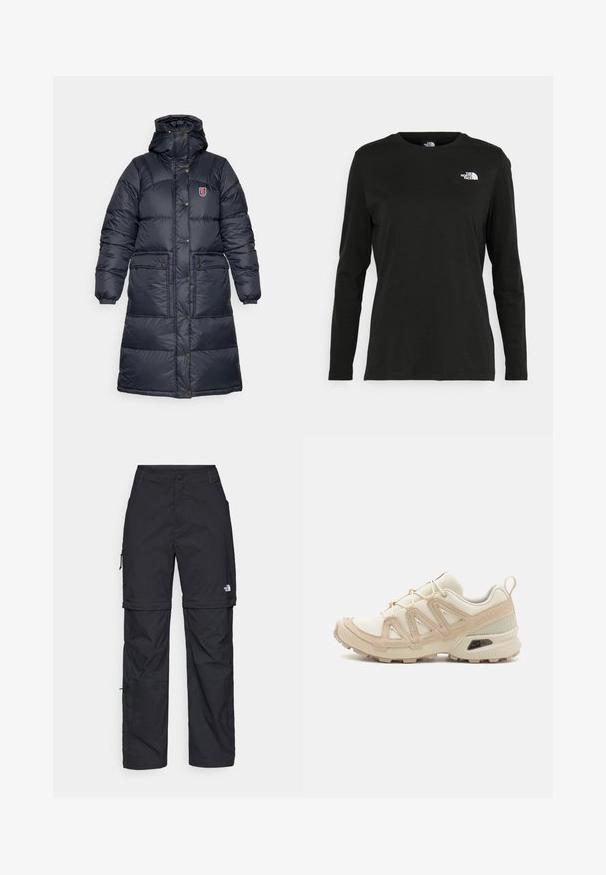 Fjällräven EXPEDITION LONG DOWN PARKA W - Páperový kabát - black; Čierne tričko s dlhým rukávom vyrobené z bavlny s okrúhlym výstrihom. Obsahuje malé biele logo na ľavej strane hrudníka. Jednoduchý dizajn a strih.; Čierne nylonové cargo nohavice s odnímateľnými nohavicami, nastaviteľnými manžetami, viacerými vreckami a logom na pravej nohe. Hladká, ľahká textúra.; Beige a krémová športová obuv s textúrovaným sieťovým zvrškom, podporujúcimi prekrytiami a gumovou podrážkou s dezénom pre trakciu.