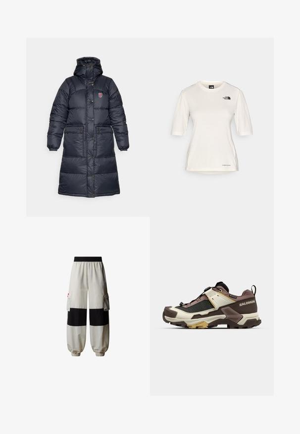 Fjällräven EXPEDITION LONG DOWN PARKA W - Donsjas - black; The North Face SHADOW SHORT SLEEVE - Sport T-shirt - white dune; The North Face HIMALAYAN - Cargobroek - white dune tnf black; Salomon wandelschoen met een mix van crèmekleurige, bruine en zwarte materialen; gestructureerde bovenkant, dikke rubberen zool en een verstelbaar vetersysteem.